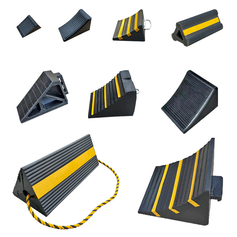Rubber wheel stoppers for cars, trucks, airplanes, and aircraft; anti-slip triangular wooden wheel stops; ramp wheel stops.
