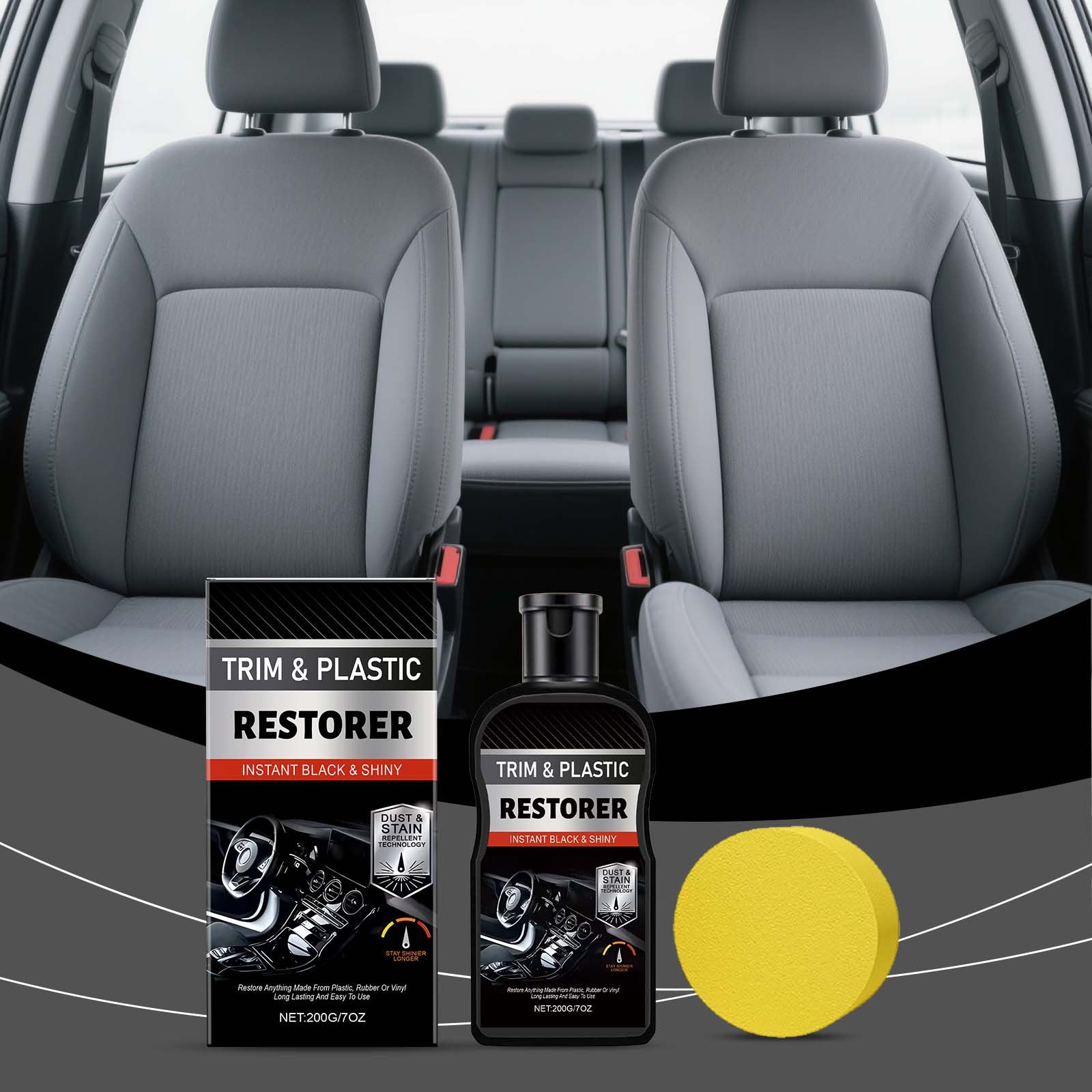 Car interior refurbishment and care kit: Cleaning and shine treatment for leather interior surfaces, and plastic refurbishment paste.
