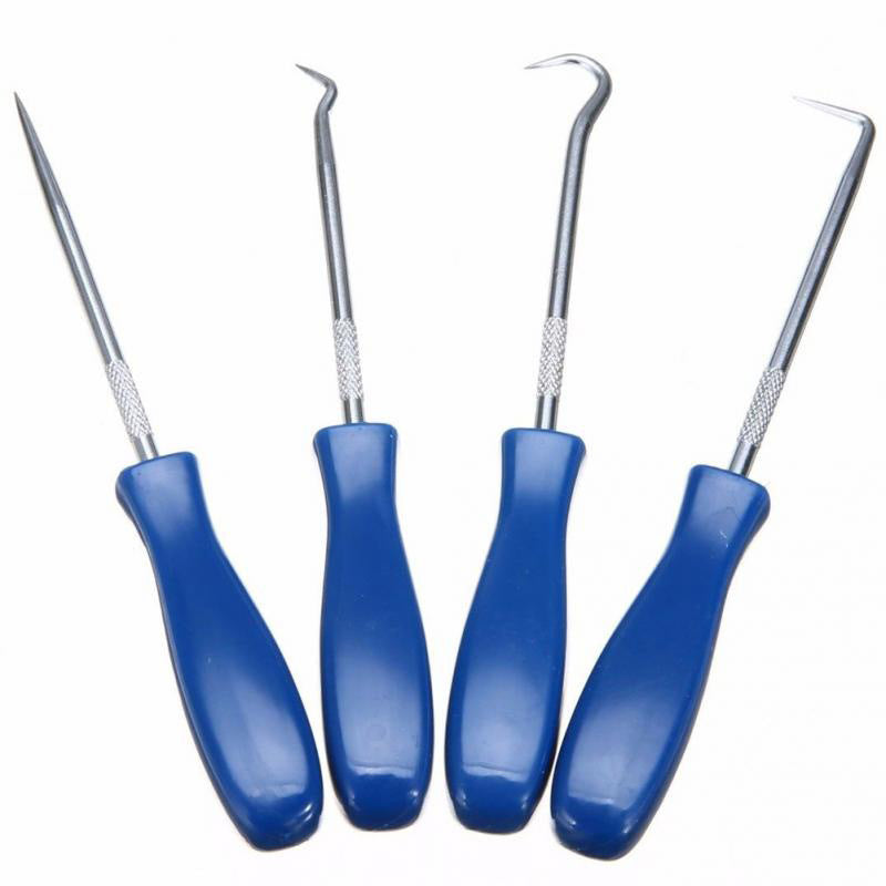 Oil seal removal tool set, 4-piece kit with puller hooks, for removing tire stones, cleaning toner cartridges, and automotive repair.