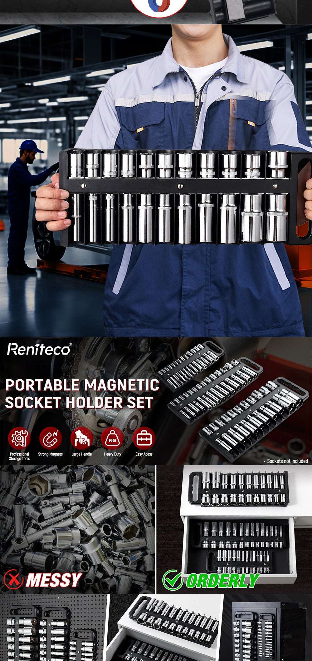 Socket power strip storage rack, socket head holder, multi-functional small and large fly tool socket clamp, storage tool