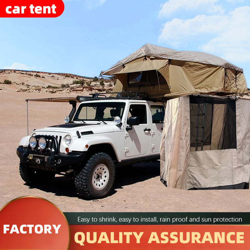 Long, soft-top tent for car rooftop camping; quick-opening outdoor car rooftop tent.