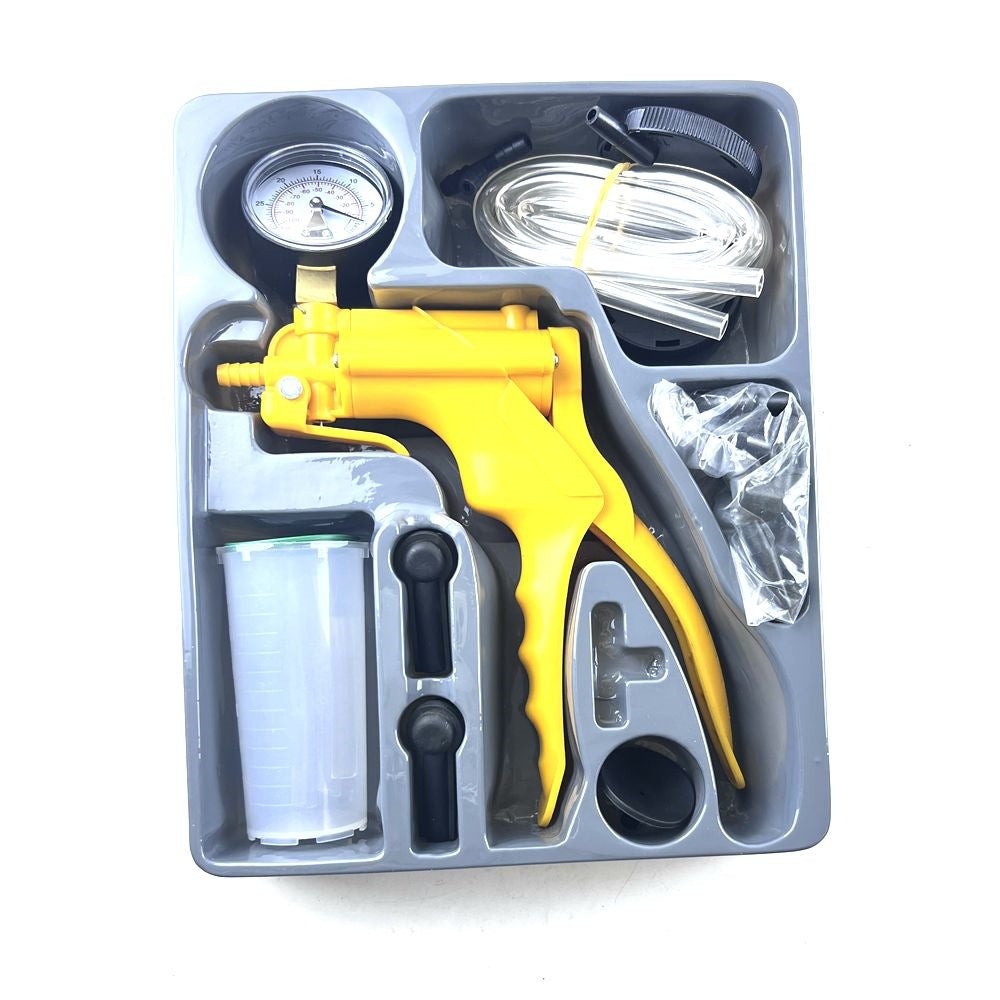 Manual vacuum oil pump test kit, pistol-type pressure tester, vacuum gauge, brake fluid discharge test.