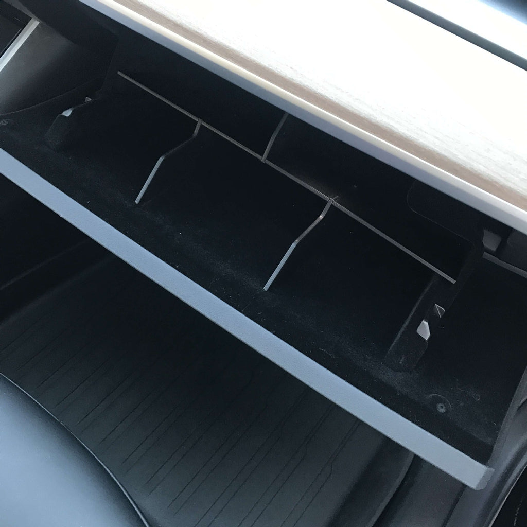 Tesla Model 3 passenger side glove box divider/storage organizer.
