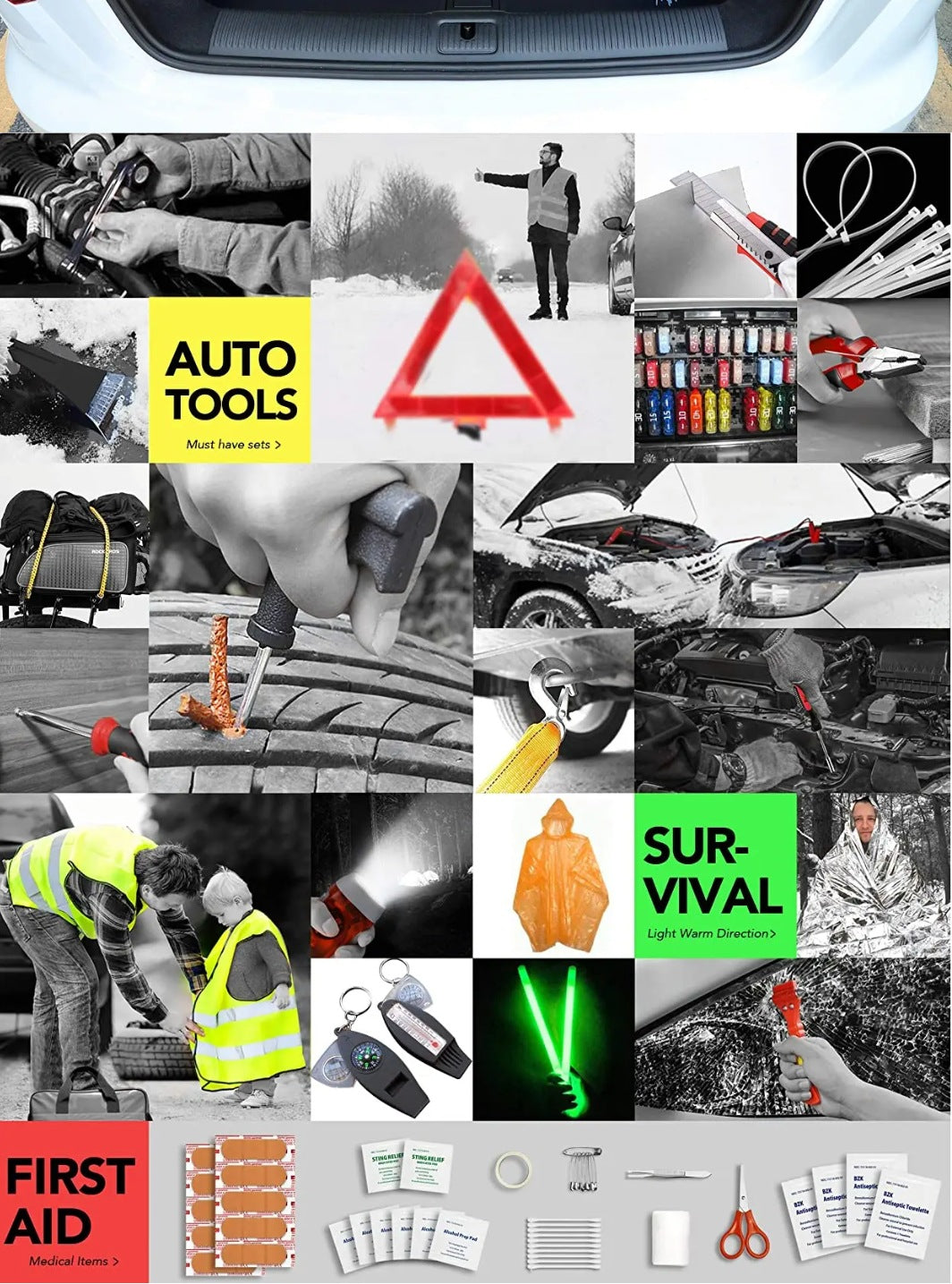 Car emergency kit, vehicle first-aid kit, self-driving equipment package, car safety kit, tool box