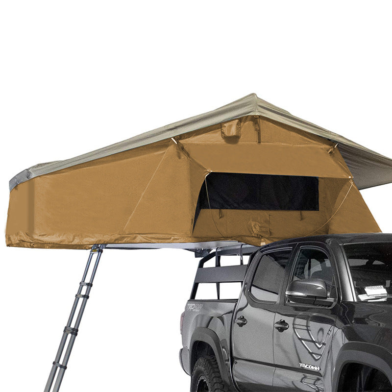 Long, soft-top tent for car rooftop camping; quick-opening outdoor car rooftop tent.