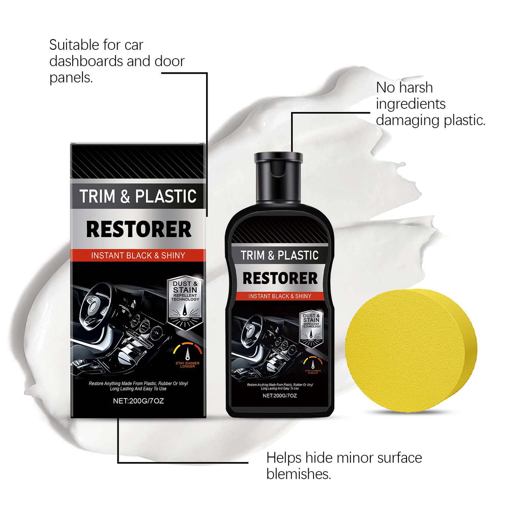 Car interior refurbishment and care kit: Cleaning and shine treatment for leather interior surfaces, and plastic refurbishment paste.