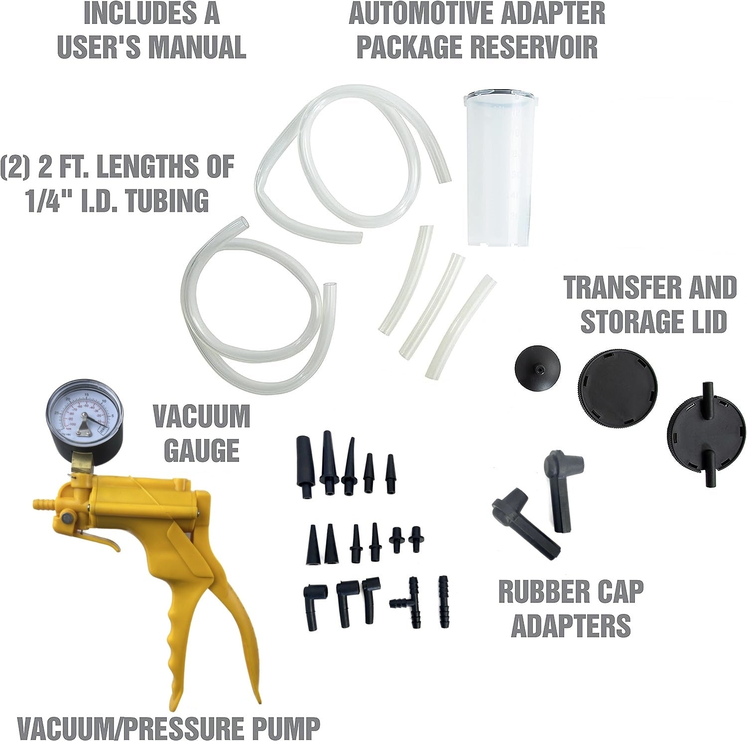Manual vacuum oil pump test kit, pistol-type pressure tester, vacuum gauge, brake fluid discharge test.