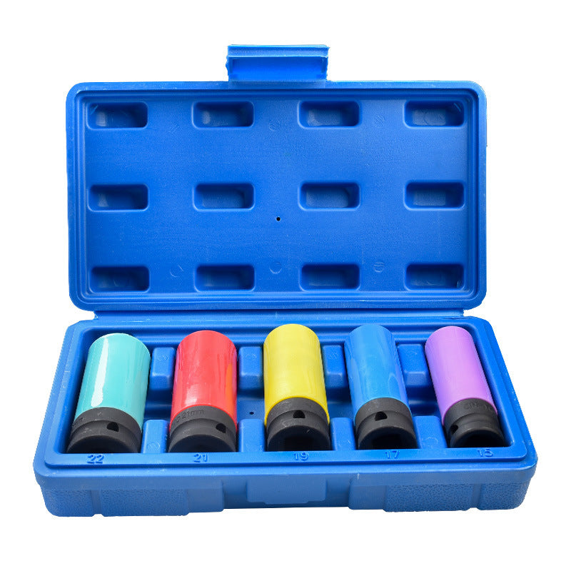 Car tire socket set, lug bolt removal tool, wrench, impact wrench, extended wheel hub, large flywheel socket.