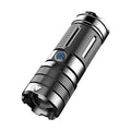 High-powered flashlight with built-in large-capacity battery, long battery life, high lumen output, LED tail light, and aluminum alloy body.