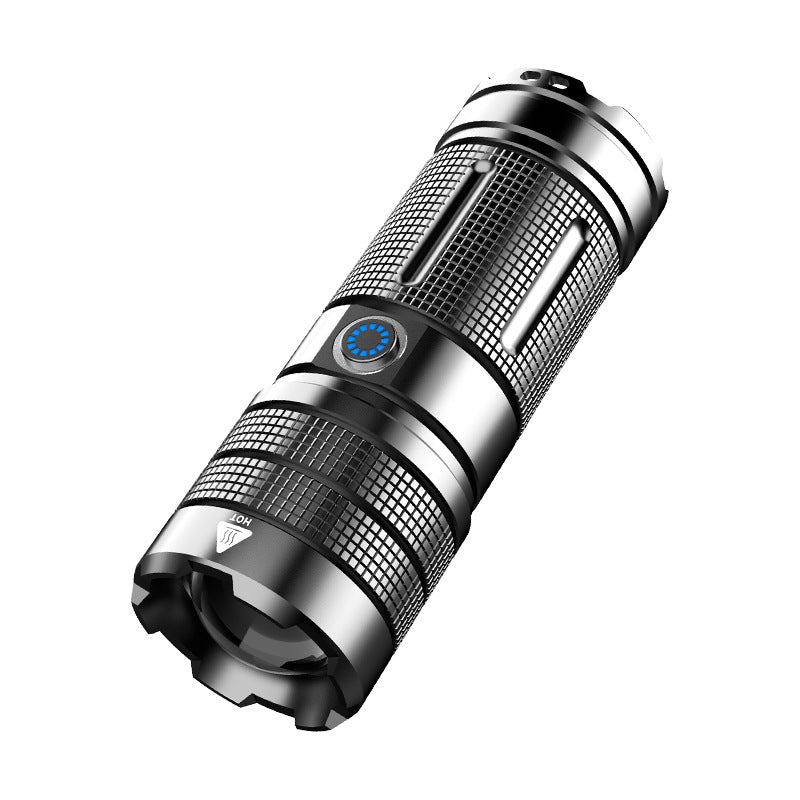 High-powered flashlight with built-in large-capacity battery, long battery life, high lumen output, LED tail light, and aluminum alloy body.