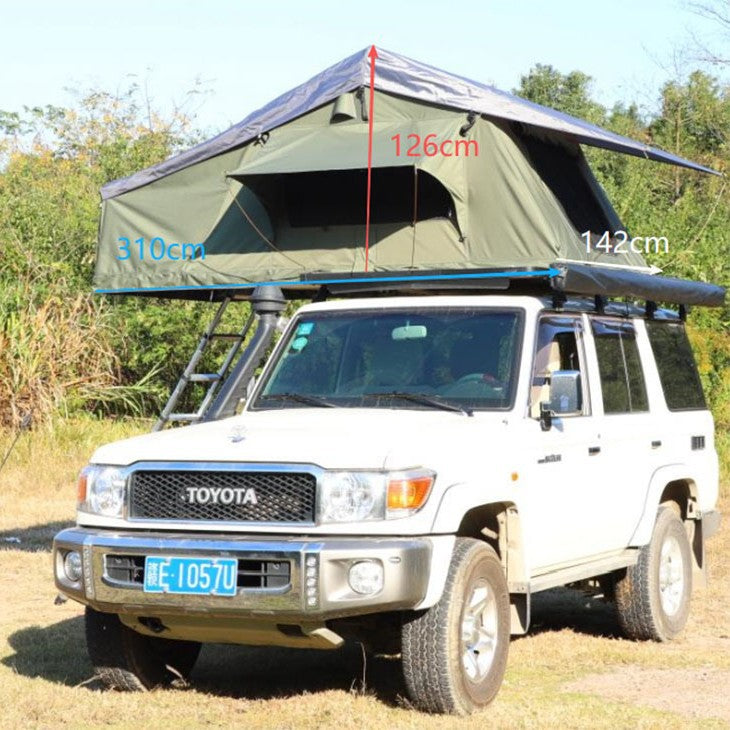 Long, soft-top tent for car rooftop camping; quick-opening outdoor car rooftop tent.