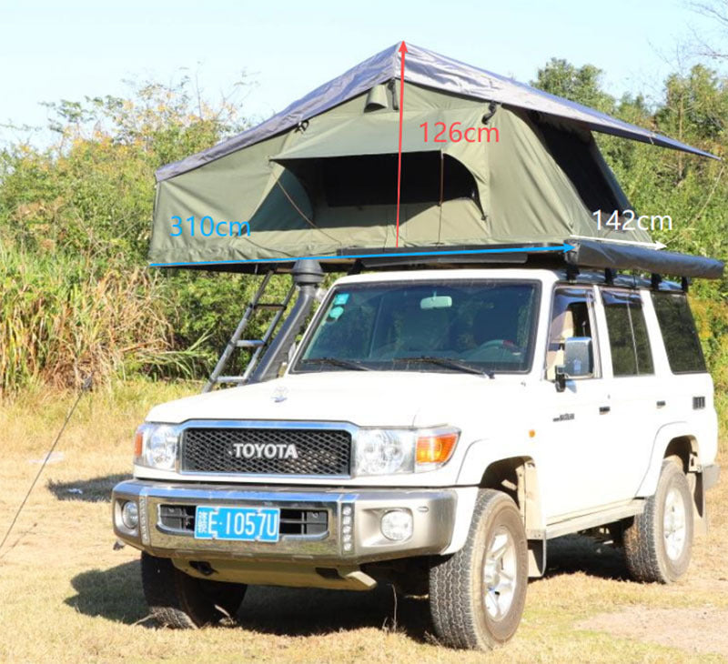 Long, soft-top tent for car rooftop camping; quick-opening outdoor car rooftop tent.