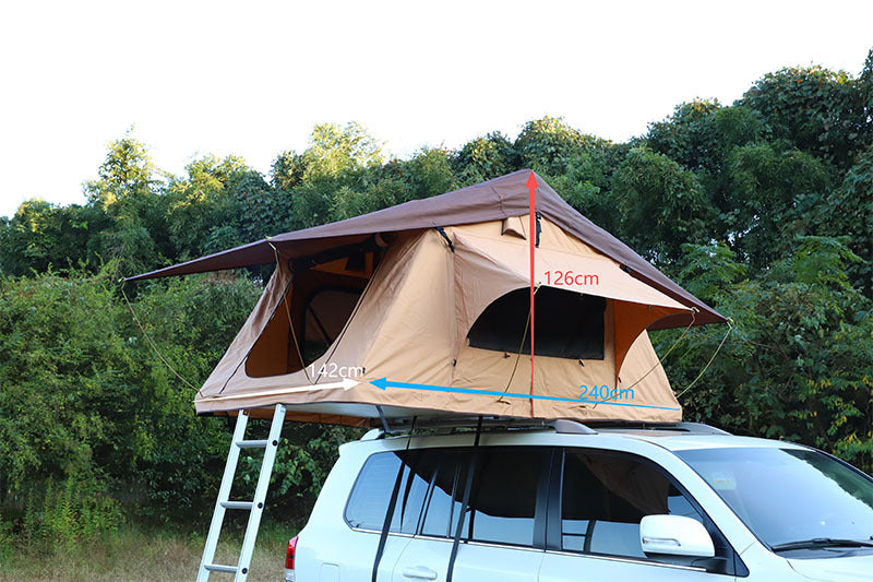 Long, soft-top tent for car rooftop camping; quick-opening outdoor car rooftop tent.