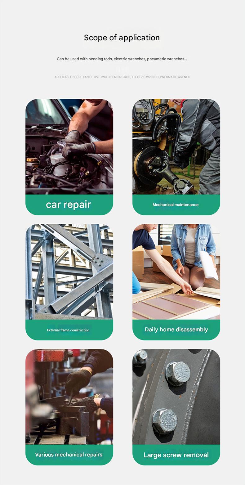 Car tire socket set, lug bolt removal tool, wrench, impact wrench, extended wheel hub, large flywheel socket.