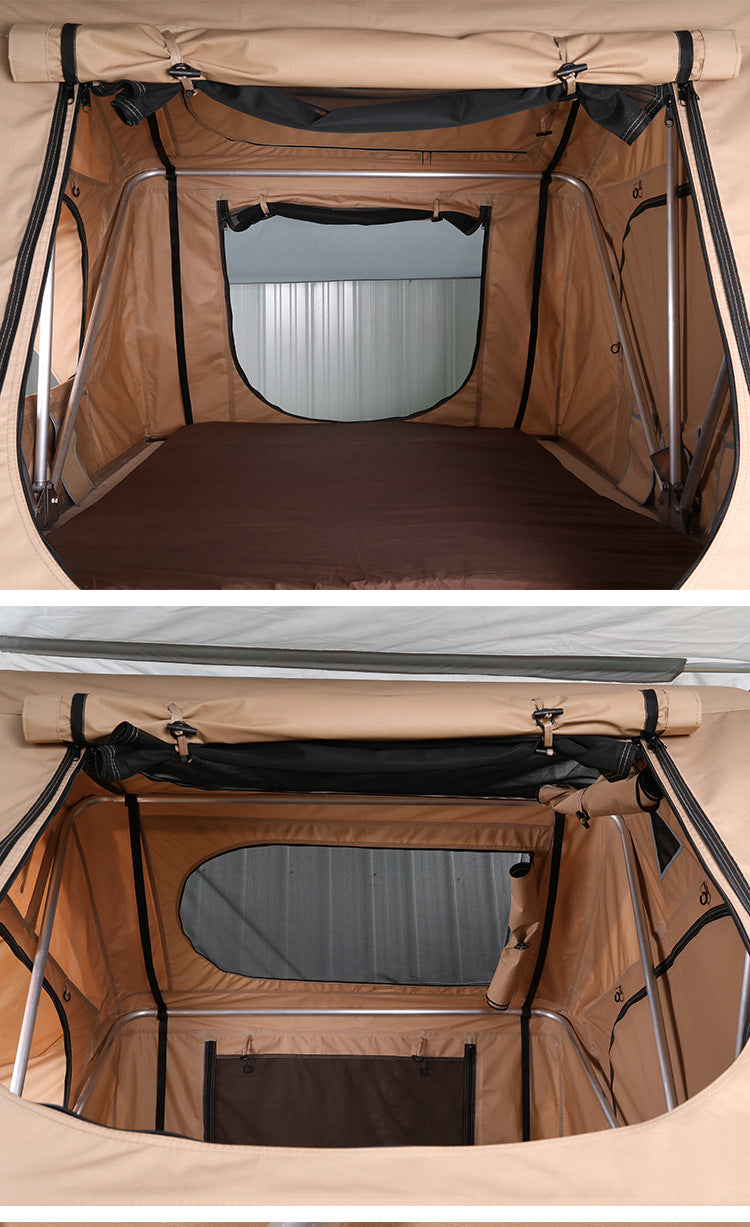 Long, soft-top tent for car rooftop camping; quick-opening outdoor car rooftop tent.