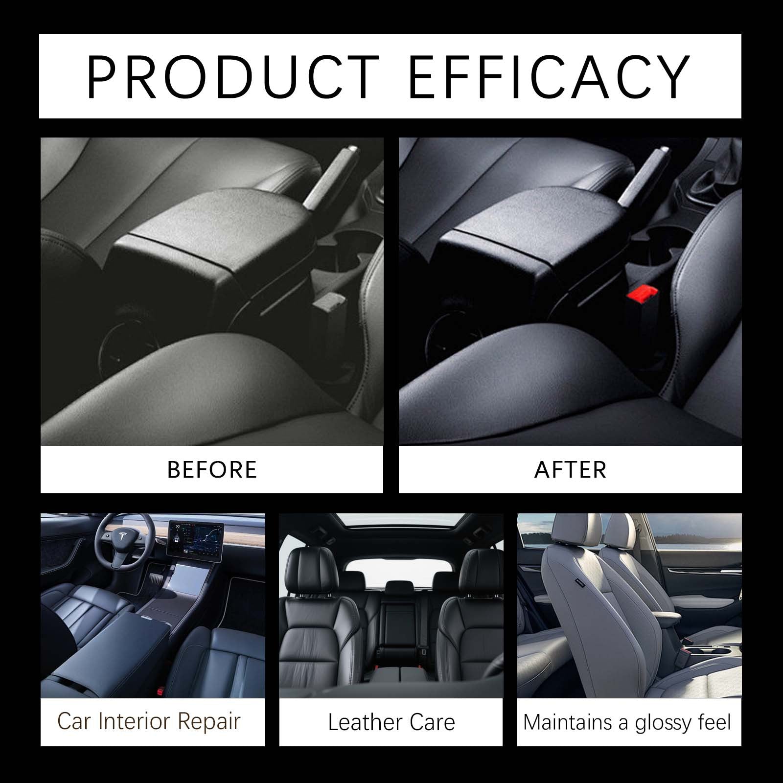 Car interior refurbishment and care kit: Cleaning and shine treatment for leather interior surfaces, and plastic refurbishment paste.