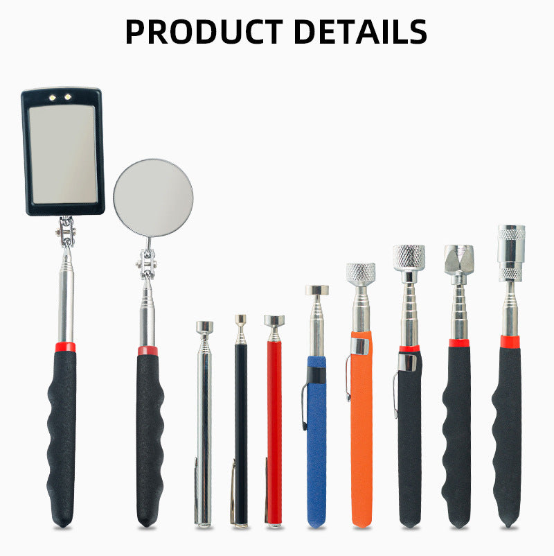Magnetic pickup, magnetic attractor, telescopic extension rod, auto repair tools, square mirror, round mirror, flashlight head