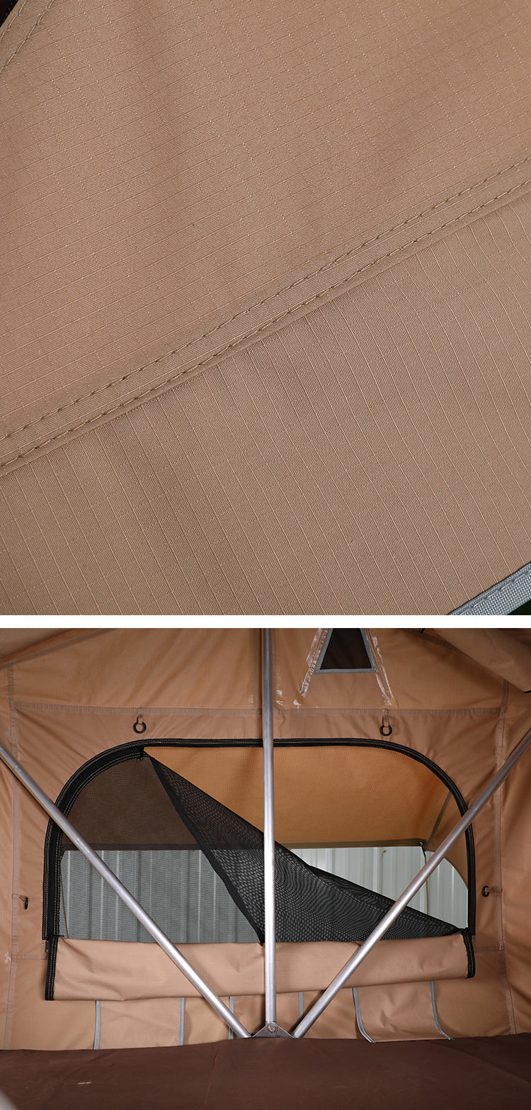 Long, soft-top tent for car rooftop camping; quick-opening outdoor car rooftop tent.