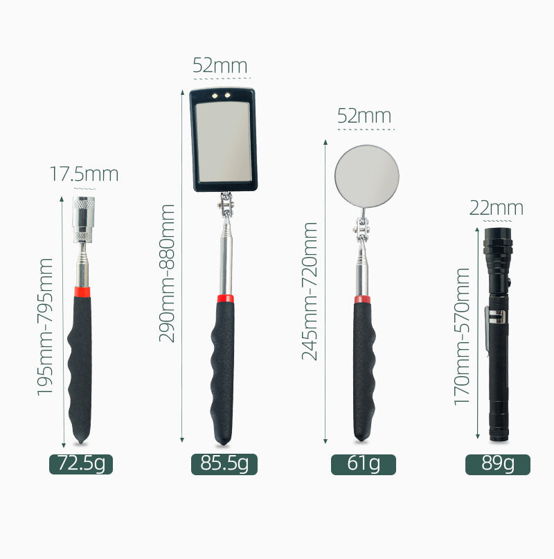 Magnetic pickup, magnetic attractor, telescopic extension rod, auto repair tools, square mirror, round mirror, flashlight head